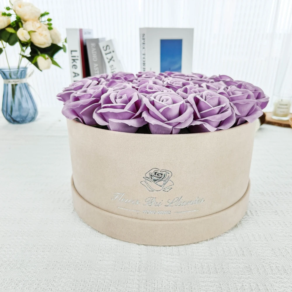 Color Nude Suede Boxes, Cylinder Velvet Round Rose Box For Flowers Bouquet Arrangement