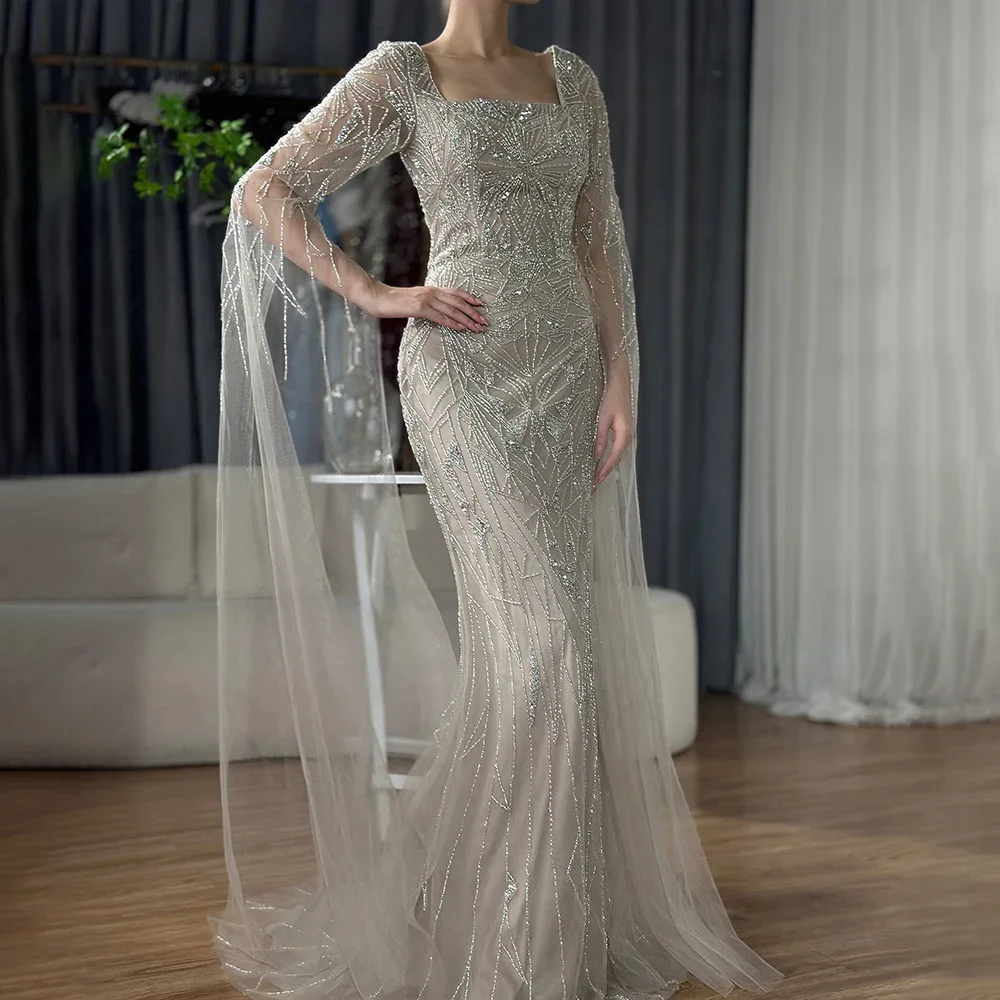 Serene Hill 2024 Arabic Nued Cape Sleeves Mermaid Saudi Evening Dresses Beaded  Party Gowns for  Occasion LA72261B Customized