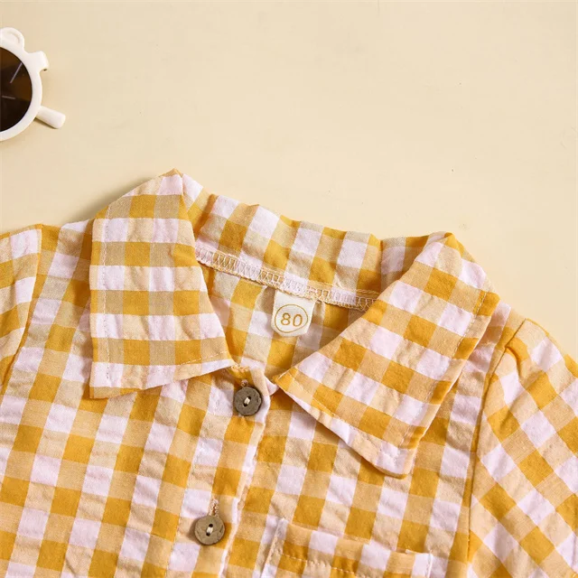 1 Pcs Custom Tag Plaid Cotton Outfit Summer Baby Infant Clothes Top Shorts Toddler Boys Two Pieces Set