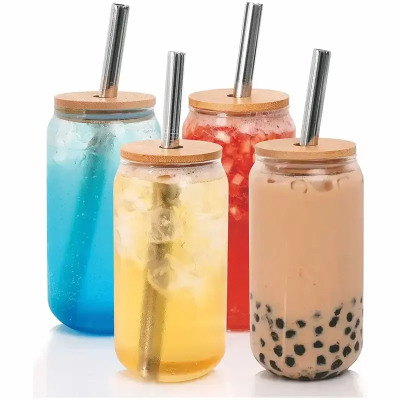Wholesale 12oz 16oz Frosted Clear Beer Can Shaped Sublimation Water Bottle Glass Can With Bamboo Lid And Plastic Straws