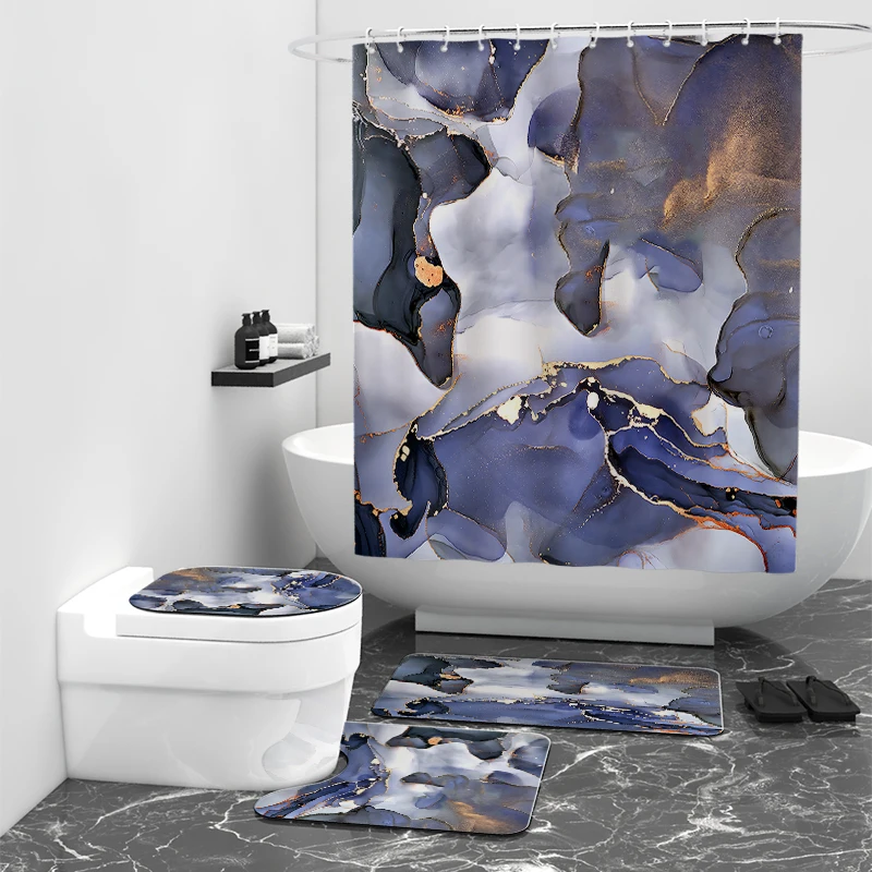 4Pcs Luxury Marble Shower Curtain Sets with Toilet Lid Rug Bath Mat and Contour Mat