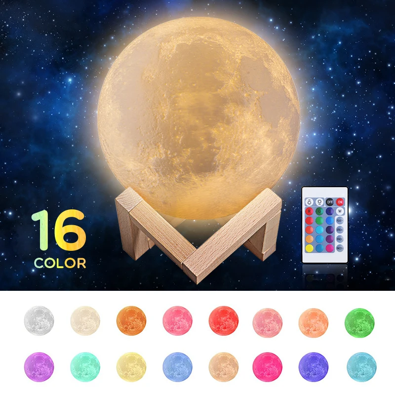 Round Led Night Light 3D Print Moon Lamp Colorful Change USB Rechargeable Touch Switch Luna Moonlight Home Decoration Creative