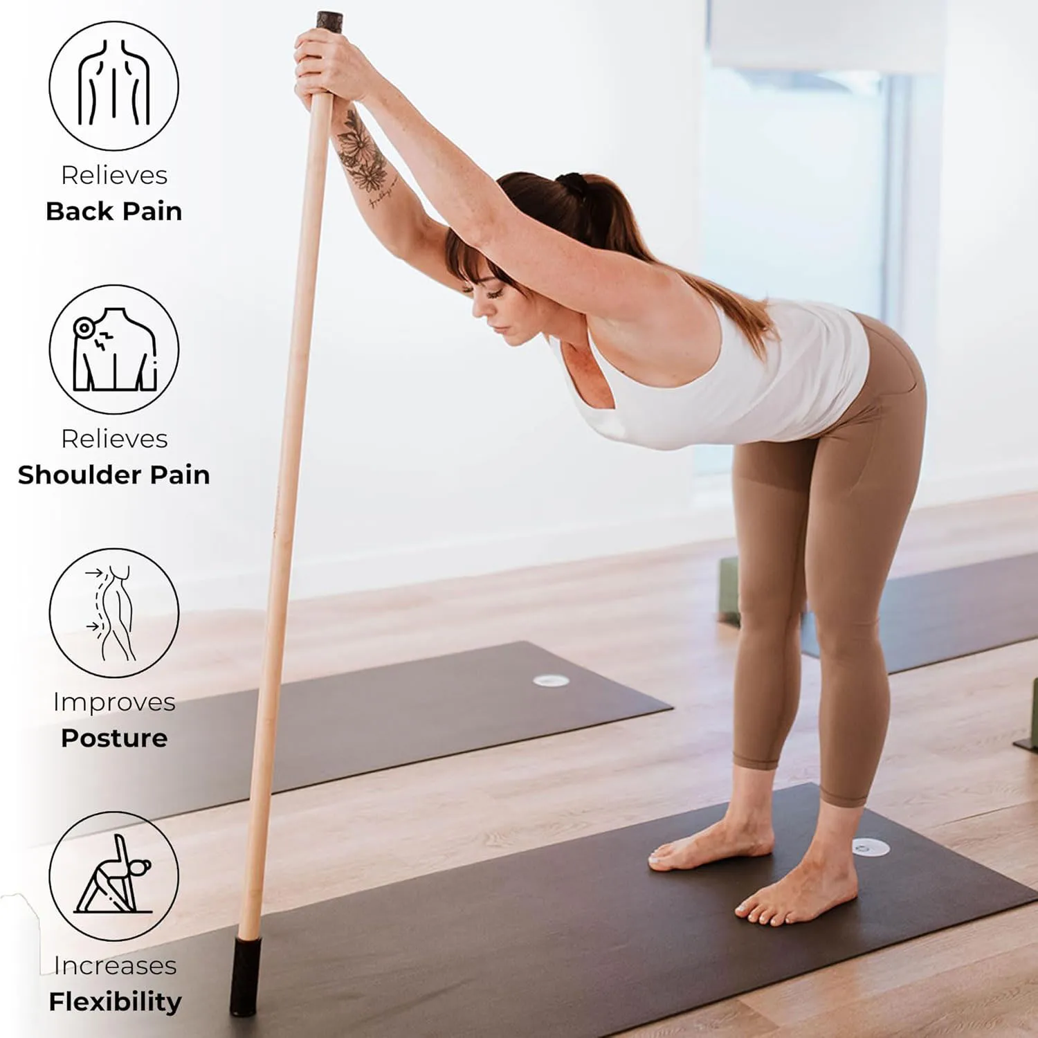 Yoga Stick Made from Natural Bamboo - 5ft Stretching Stick - Stretch Stick with Non-Slip Handles for Mobility, Flexibility