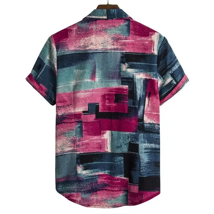 New Fashion Men Summer Ethnic Printing Flax Bohemia Button Lapel Short Sleeve Tops Blouse Casual Beach Shirt