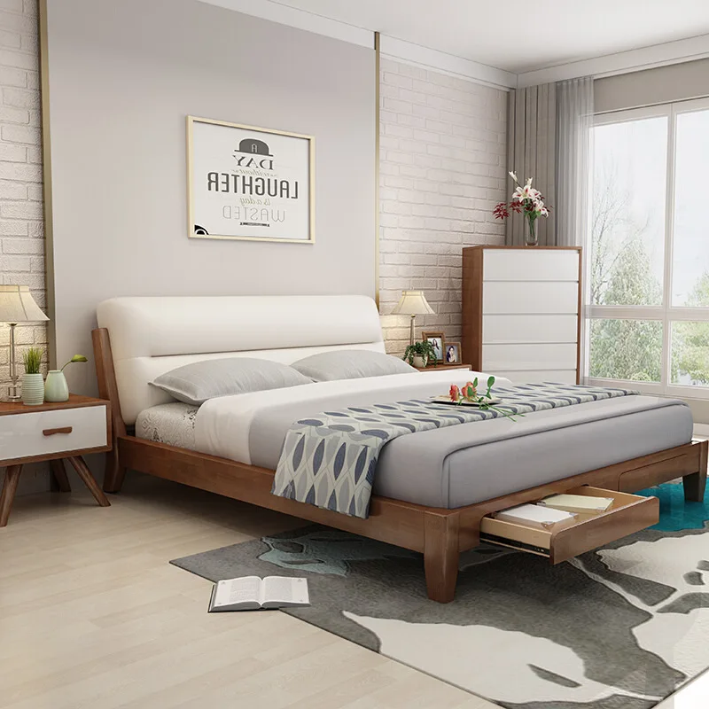 Nordic Wind Full Solid Wood /1.8m Small Household White Oak / High Box Storage Bed Princess Bed Bedroom Furniture BED