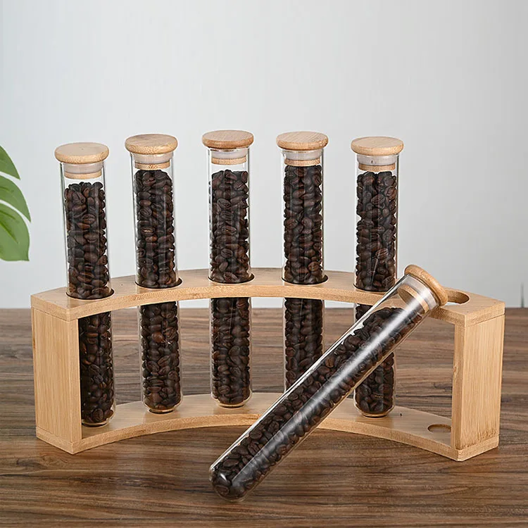 Clear Round bottom Borosilicate Glass Tube for Coffee Beans Spice Display with Airtight Bamboo Lid and Wood holder