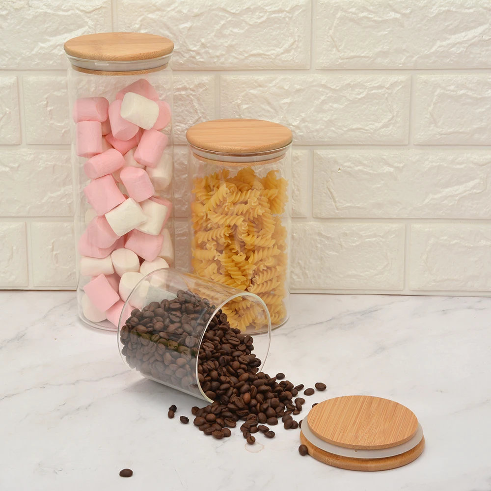 Small Wide Mouth Storage Round Food Clear Custom Borosilicate Glass Jar with Bamboo Lid