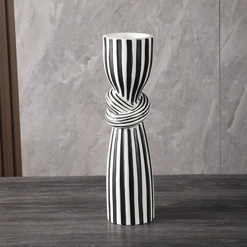 Light Luxury Black and White Striped Tall Candle Holder Ceramic Home Decoration Modern Living Room Table Decor