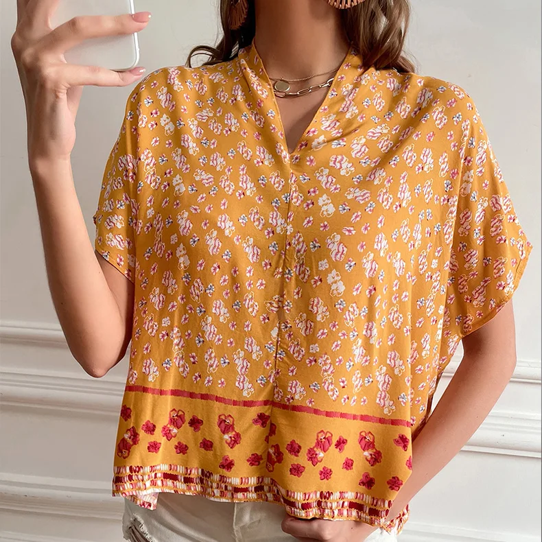 2021 Fashionable Blouses Women Tops Floral Print Batwing Short Sleeve Blouses Ladies Summer Comfortable Cool Overstock Tops