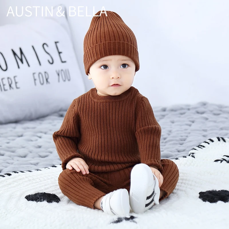 
AustinBella/wholesale boutique baby boy clothing set toddler infant clothes outfit knitted sweater winter designer 