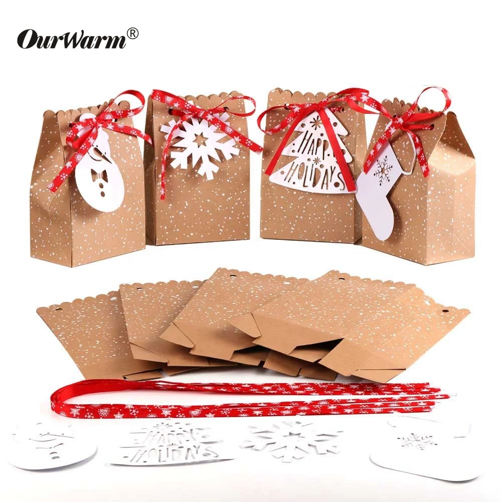 OurWarm 12Pcs Brown Retro Christmas Candy Cookie Box Kraft Paper Gift Bags With Tags
