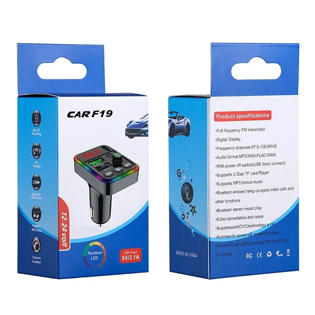 F19 FM Transmitter Quick Charger Dual USB Type C Fast Charging Handsfree Wireless MP3 Player Bluetooth Car Kit