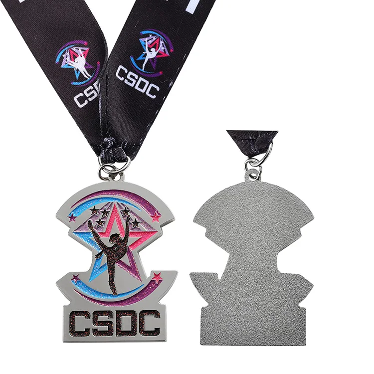 Manufacturers personalized soft enamel zinc alloy powders designs glitter effect dance competition silver medal