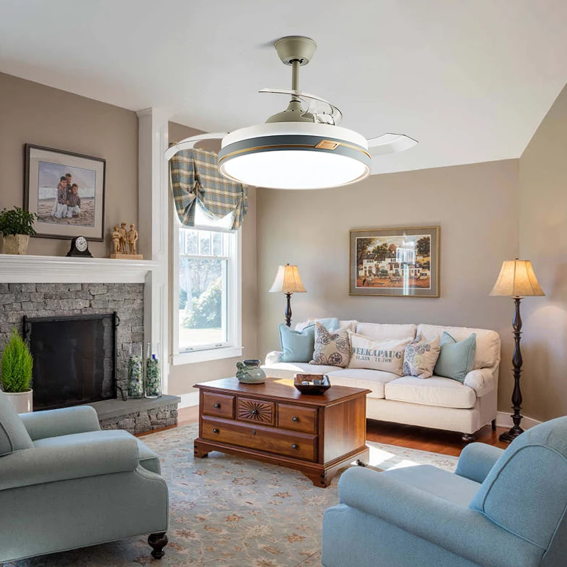 42 Inch Modern LED Ceiling Fan Light Retractable Blades 3 Color Change 6 Speeds Chandelier Remote Control