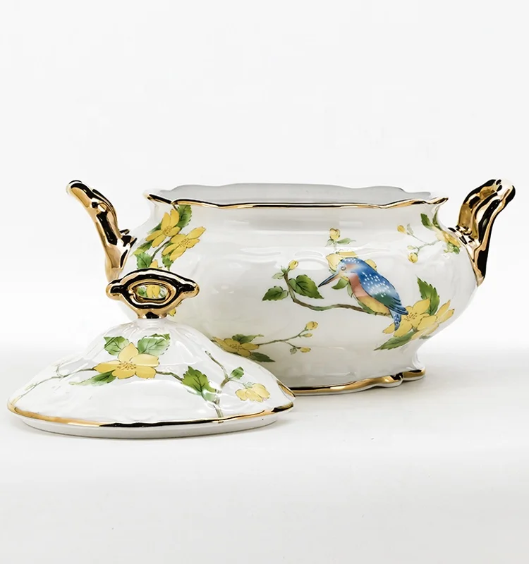 
Latest Design gold rim Ceramic Soup Tureen Bowl with lid 