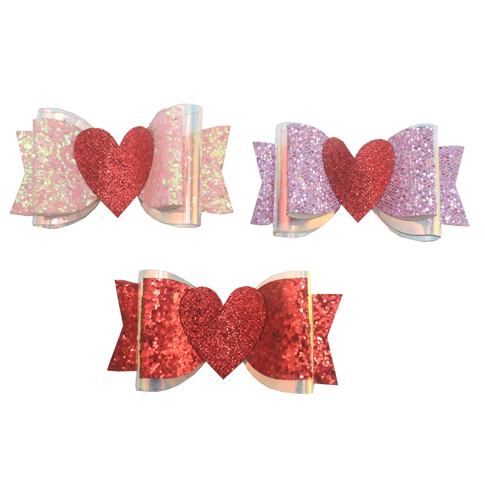 Love Red Valentines day Hair Bow Embroidered Heart Shape Grosgrain Ribbon Hair Accessories