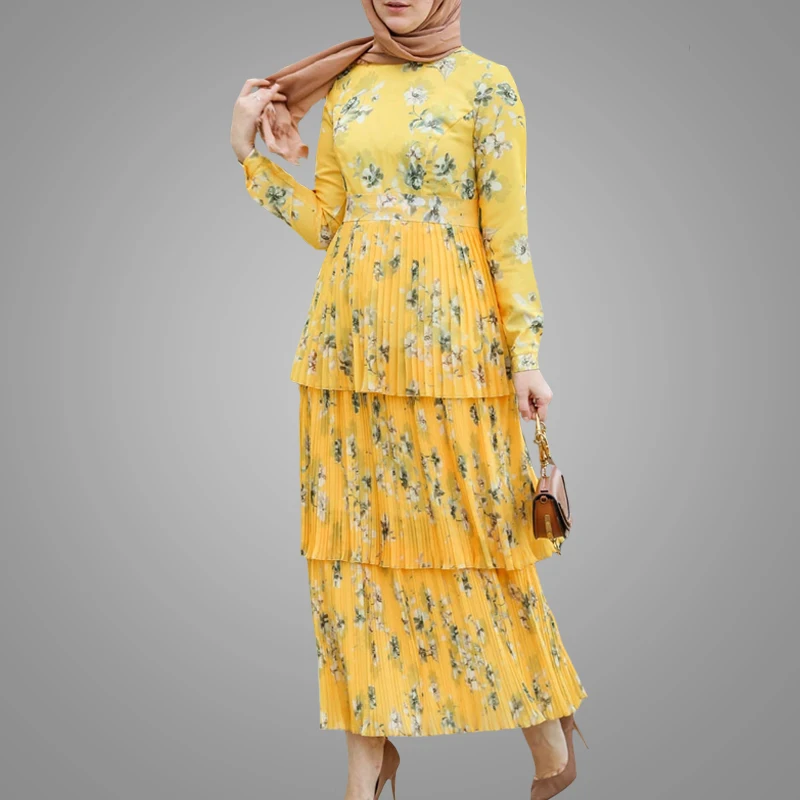 Fashion Flower Printed Long Sleeve Muslim Women Abaya Modest Fresh Islamic Clothing Kaftan Dress High Quality Muslim Abaya Jubah