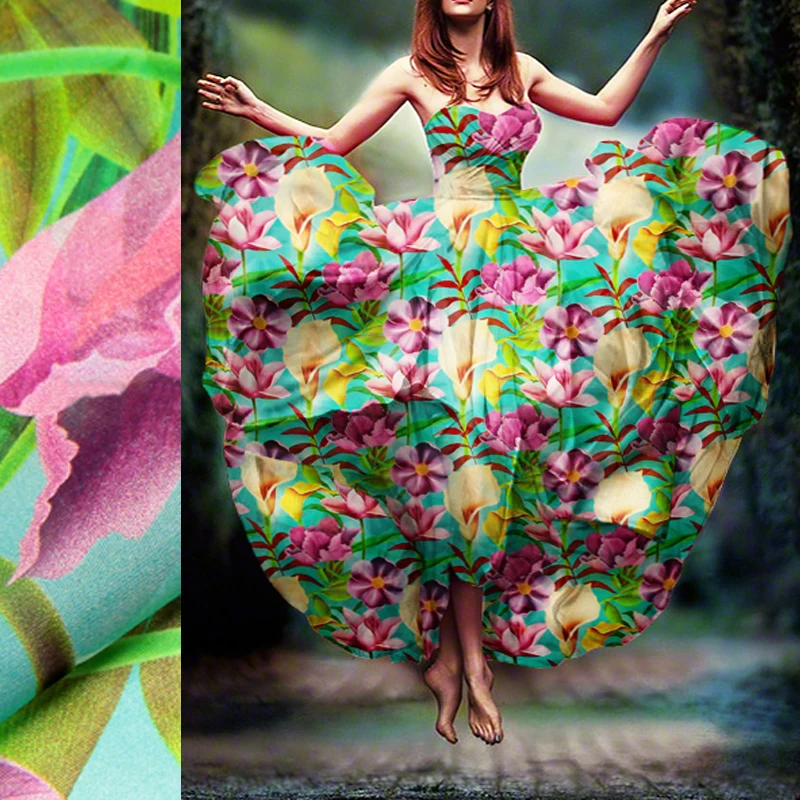 Оптовая продажа с фабрики, Новое поступление, ткань из чистого шелка с принтом леса, шифоновая шелковая ткань для платья, атласная ткань