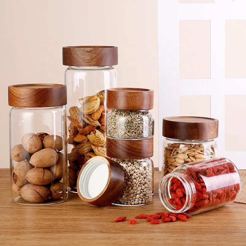 Customized by Chinese manufacturers Glass dust cover for living room glass storage tank glass storage jars with wooden lids
