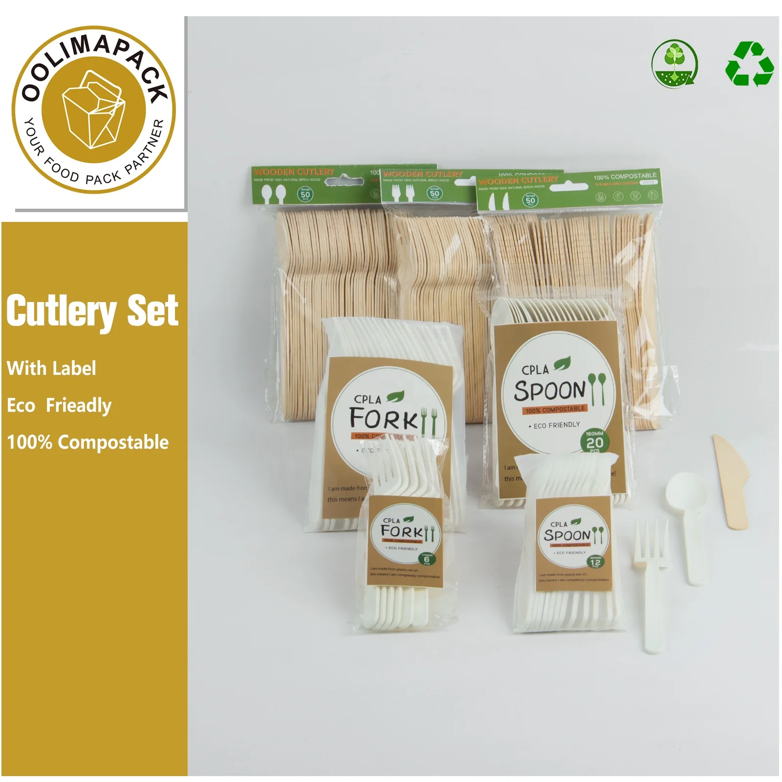 100% Eco friendly disposable 160mm wood cutlery set knives forks spoon biodegradable dinnerware utensils with box