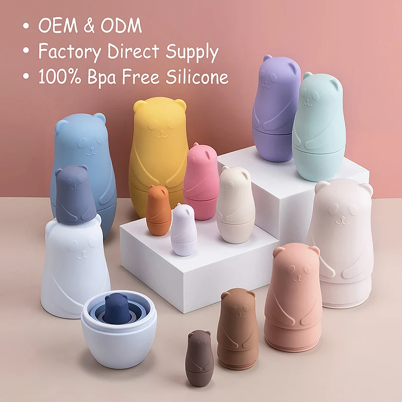 Wholesale Cute Style Animal Panda Bear Shape Stacking Teether Bpa Free Silicone Baby Toy Nesting Doll Set