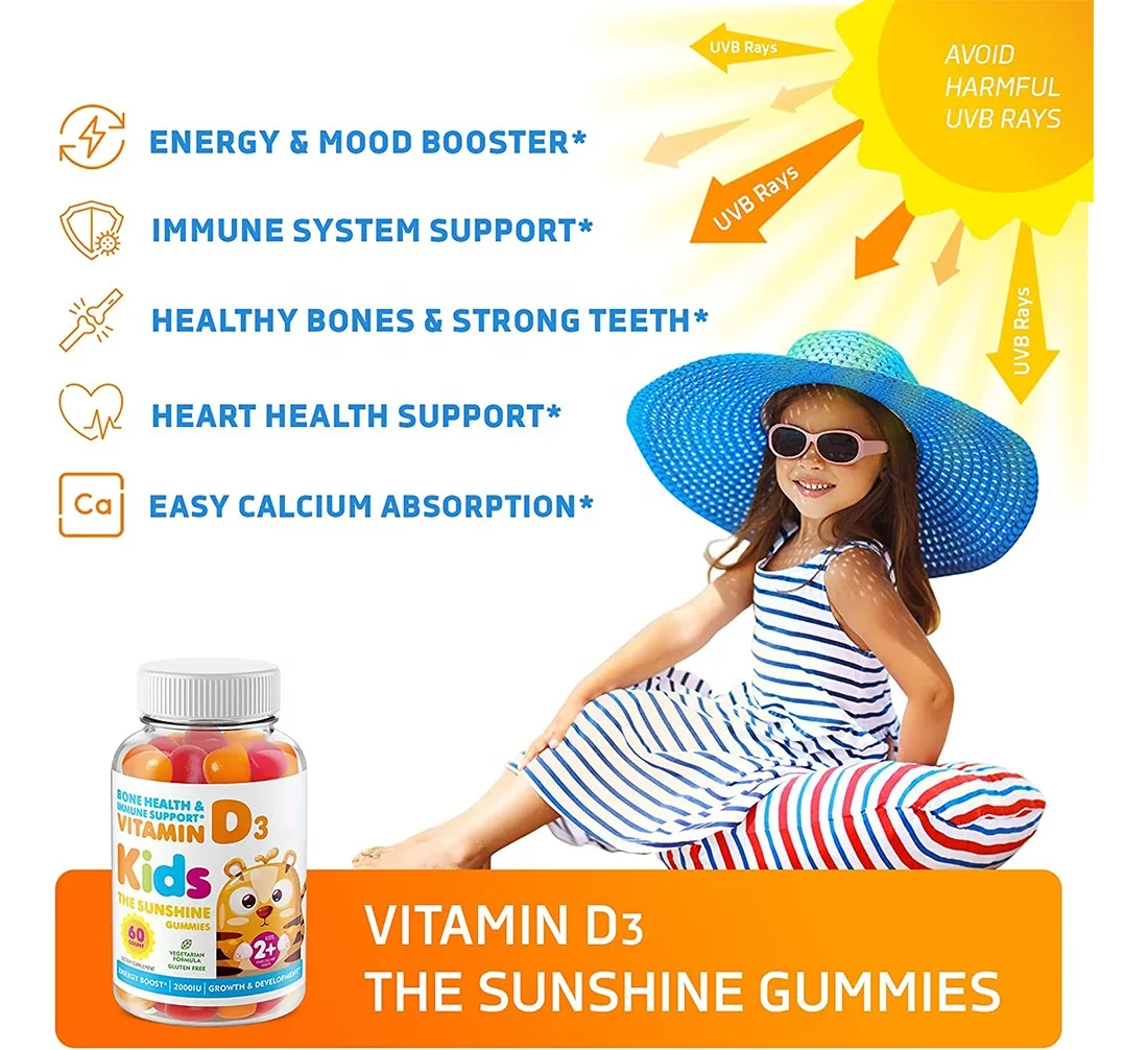 Private Label Sugar Free Vitamin D3 Gummies Bone Health Immune Support 60 Gummies For Kids Energy Boost Growth&Development