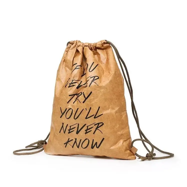 ECO Friendly Washable Reusable Brown Paper Shoulders Bag Custom Logo Paper Shopping Bag with Drawstring for Daily Usage