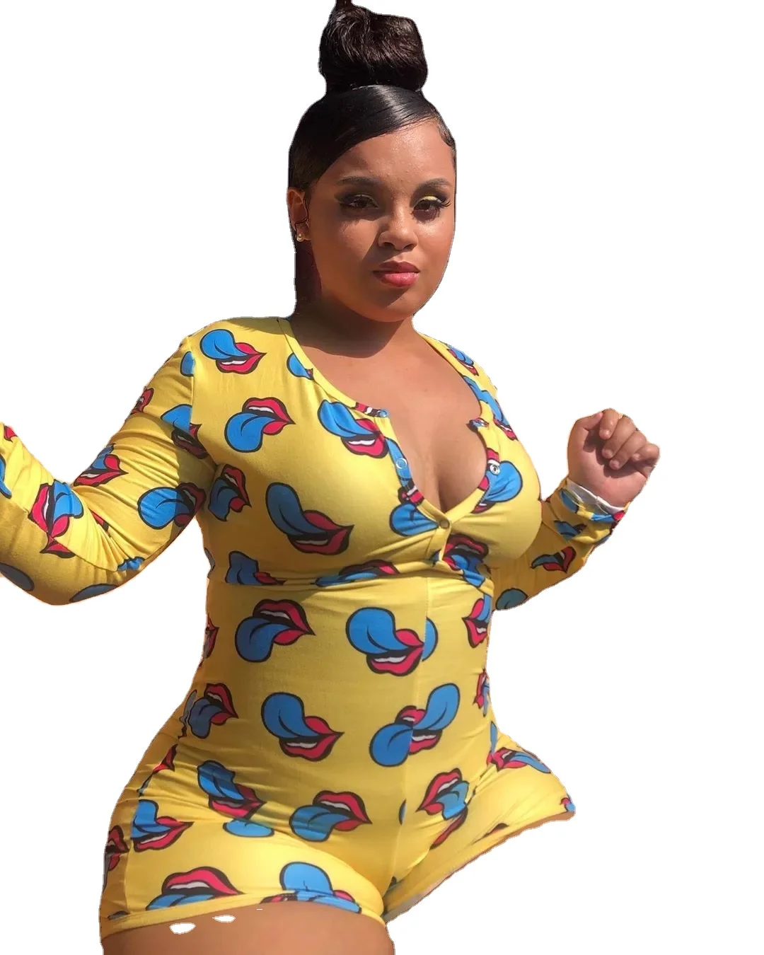 
2020 Sexy Women V-neck Printed Oversized Bodycon Jumpsuit Swimsuit Bodysuit Sleepwear 