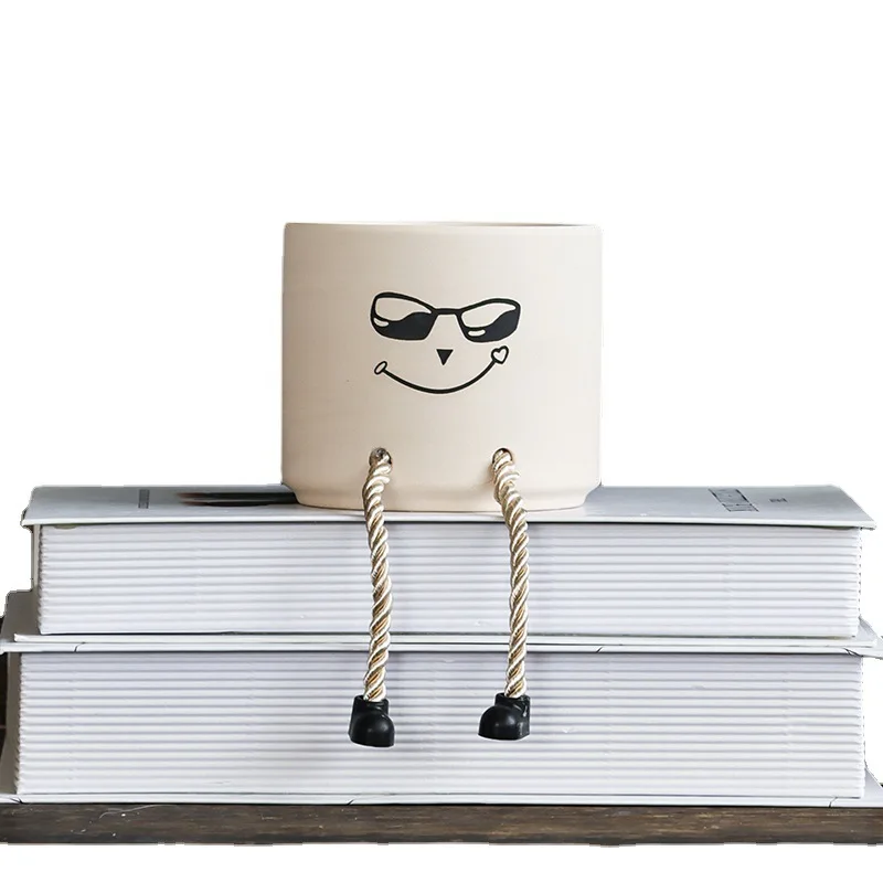 Lovely Cartoon Expression Design Stackable Ceramic Plant Pot with Hanging Rope Shoes