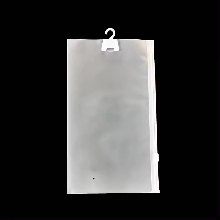 Stock Printed Frosted Plastic Mailing Bags Zippered Poly Material for T-Shirt Garment Clothes Packaging Hanging Hook Underwear