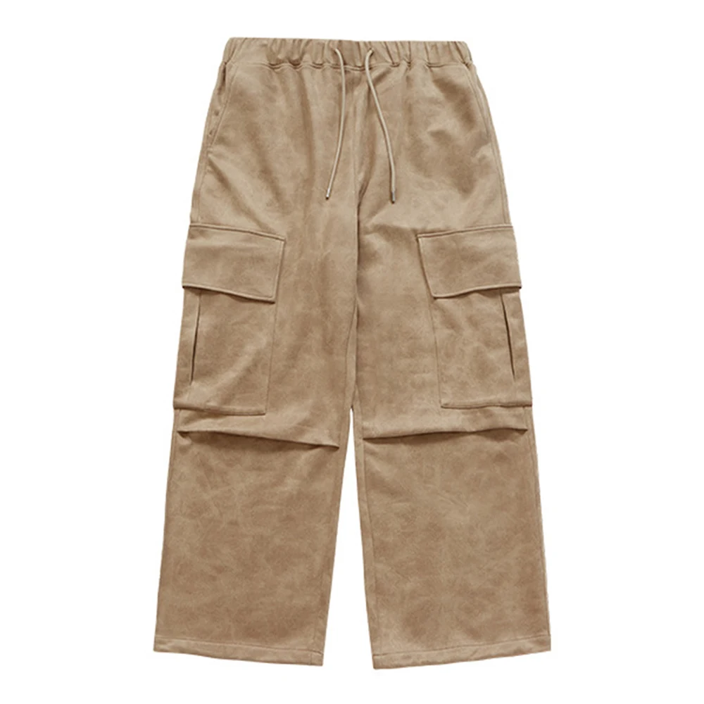 Mens Pockets Wide Leg Suede Pants Cargo Style Elastic Waistband with Drawstring Durable Sand Color Large Side Pockets Unique
