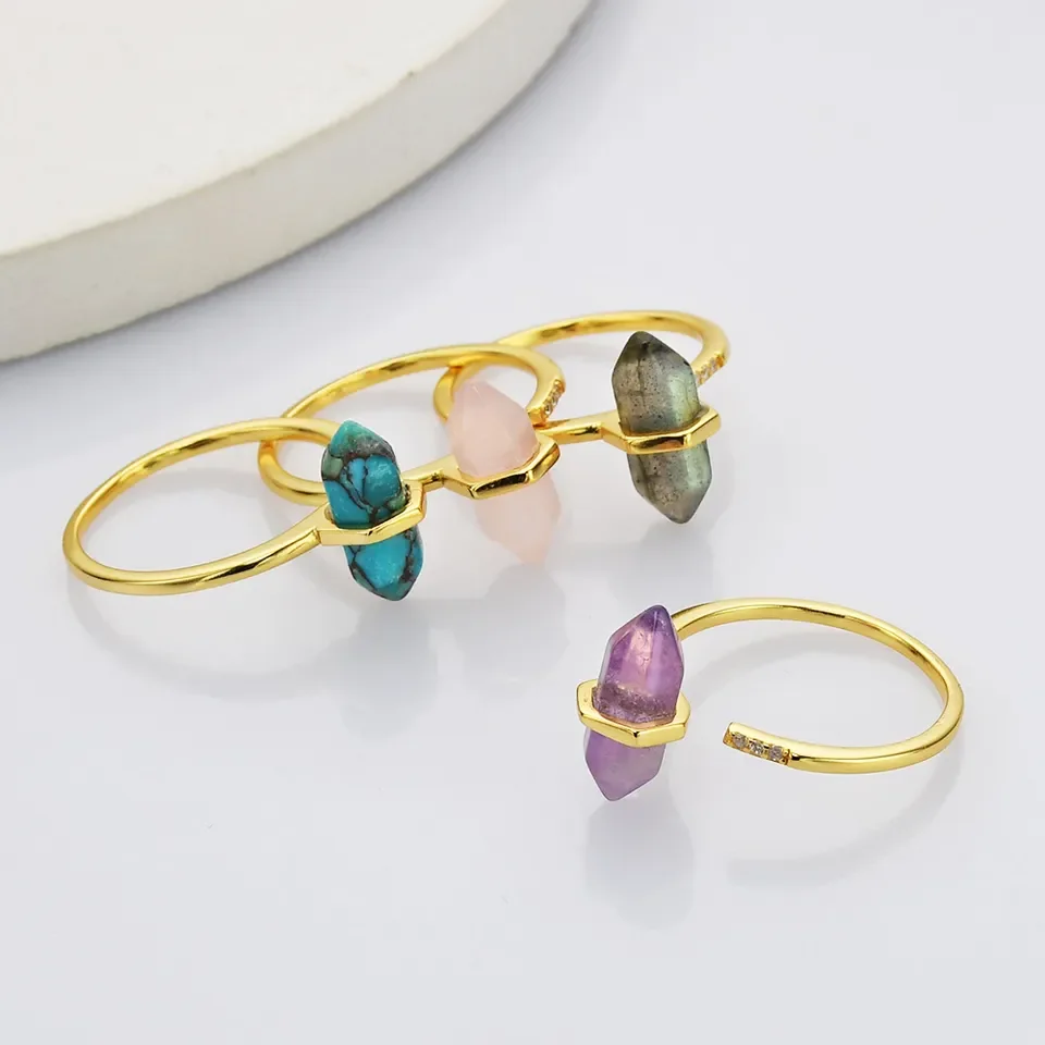 A1074 Natural Healing Raw Stones Crystal Gemstone Women Ring Jewelry Sets double point stone ring