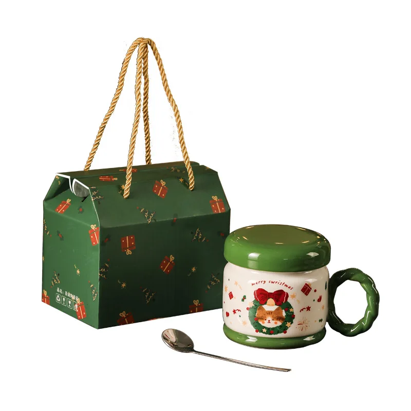 Cute Christmas Ceramic Coffee Cup Luxury Gift Set Promotional Santa Mug Featuring Classic Porcelain Tea Mug Spoon Lid