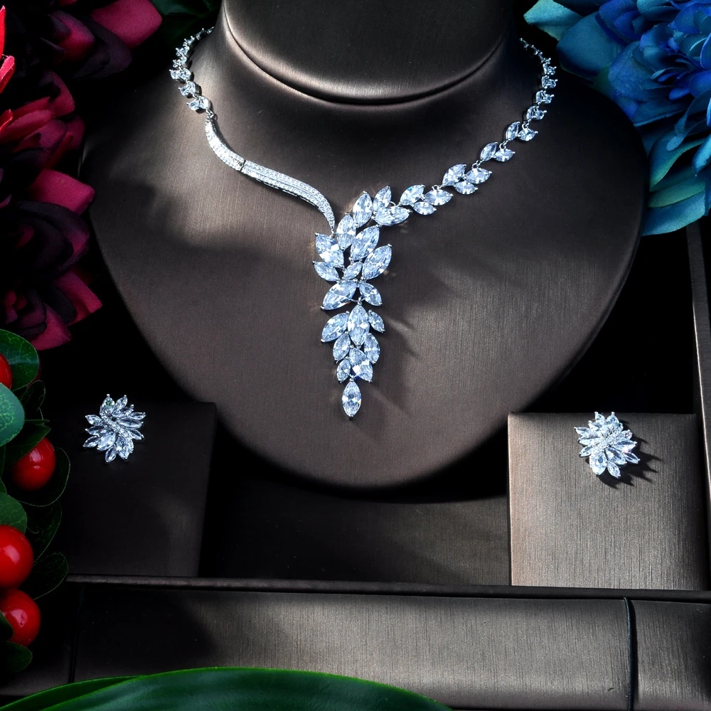 HIBRIDE Clear BEST QUALITY BRILLIANT CRYSTAL ZIRCON EARRINGS and NECKLACE BRIDAL JEWELRY SET WEDDING DRESS ACCESSARIES N-165
