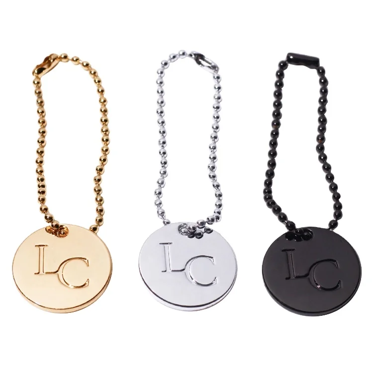 Promotional cheap handbag round chain tags zinc alloy brand letters metal nameplate for purse accessory