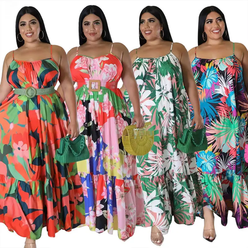 2023 Wholesale  Summer Plus Size Maxi  Sexy Sleeveless Printed Long Halter Dress Women Clothing