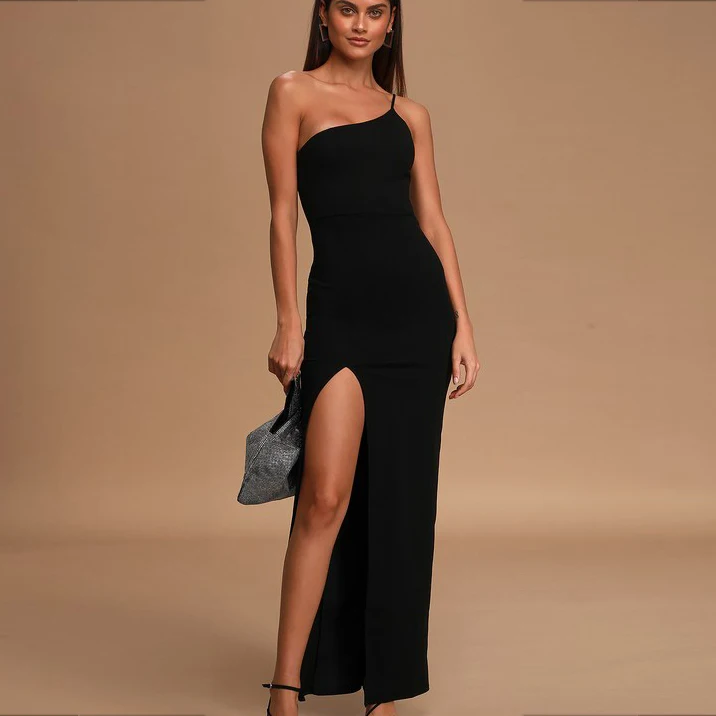 Black One-Shoulder Maxi Dress Customized solid color large size flower casual summer thigh split dress