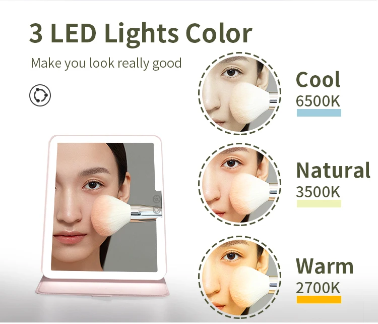 Touch Screen Three Colors Dimmable Lighted Makeup Mirror Compact Foldable Travel Mirror with PU Case