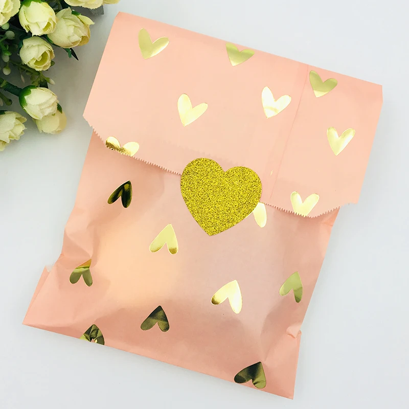Wedding Favor Bag Bridal Shower Wedding Birthday Anniversary Favor Candy Gift Paper Bag Pink and Gold Foil Heart