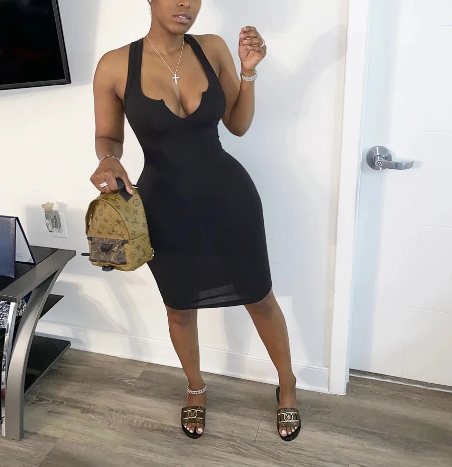 
QC9213 - Summer solid color dresses ribbed v-neck sleeveless tee shirt dress women 