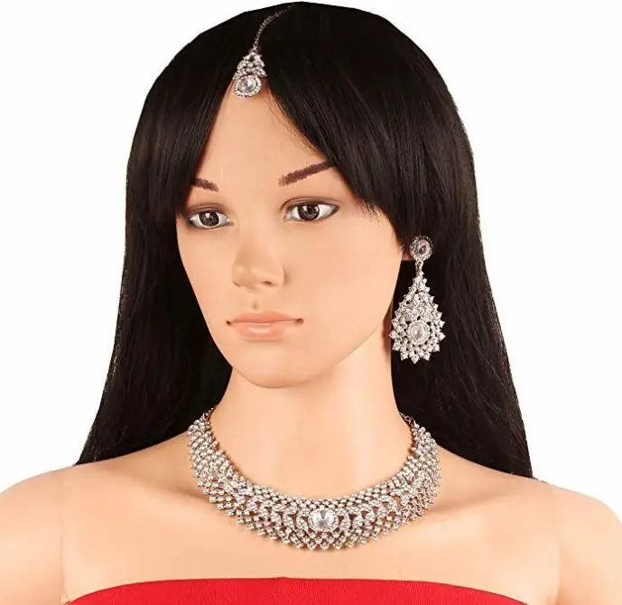 Glamour Scintillating White Round And Rivoli Shape Rhinestone Grand Bridal Designer Jewelry Hasli Necklace Set