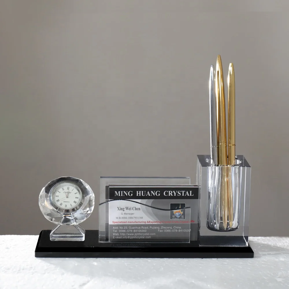 MH-B026  Office Crystal Three In One K9 Crystal Electronic Clock Pen Holder with office business gifts