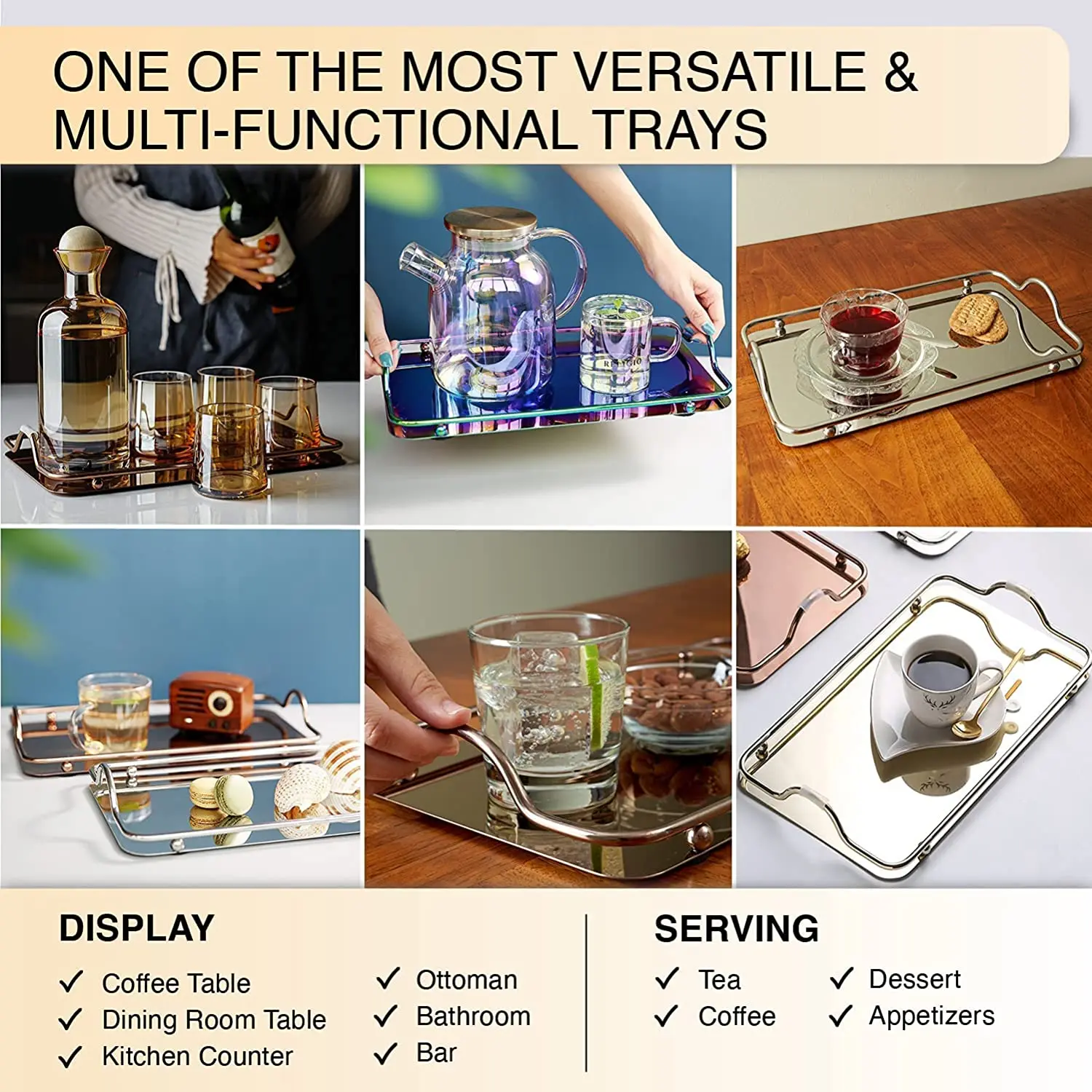 Gold Mirror  Vanity Jewelry Perfume Organizer Decorative Tray  Handle Makeup Tray Mirror Tray Vanity Dresser Bathroom