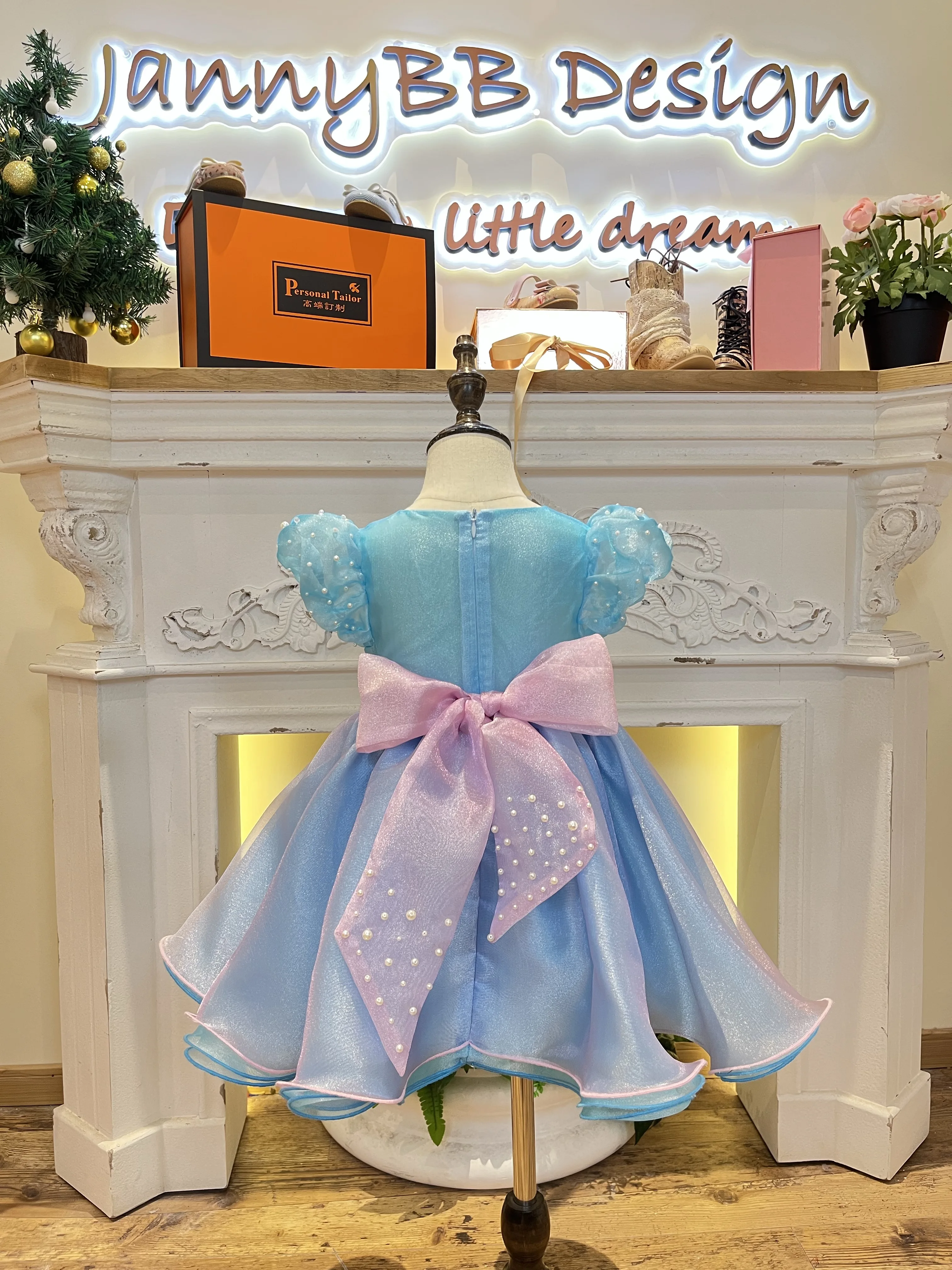 Little Girls Ruffle Sleeve Kids baby shower sky blue dresses baby dress 2-6 years baby Girls Mermaid party dress