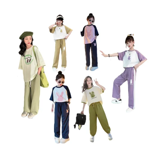 Летний новый детский мультяшный повседневный комплект с короткими рукавами для детей среднего и младшего возраста из двух предметов девочек