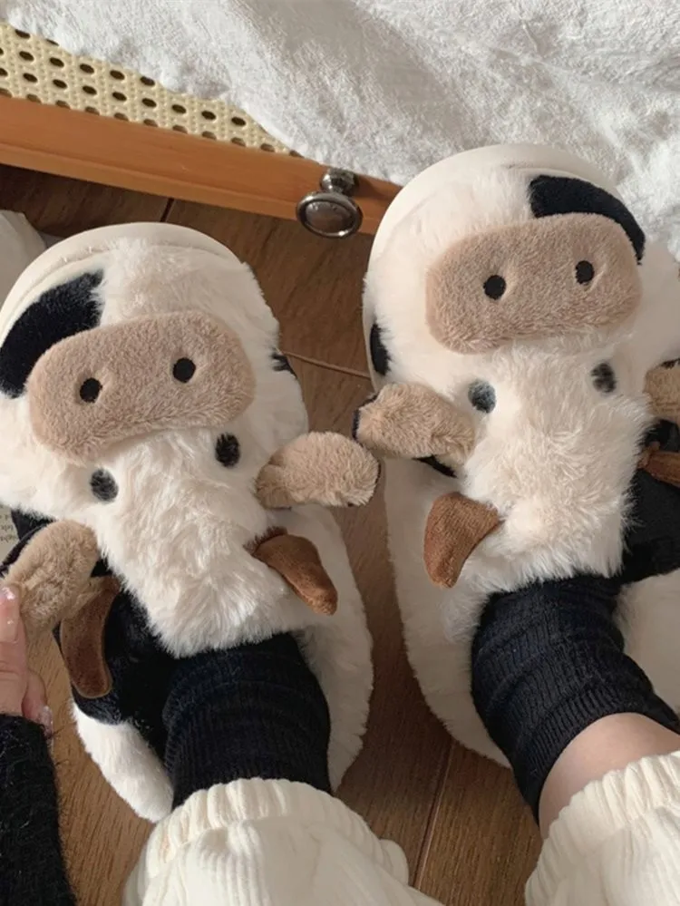 Wholesale plush furry winter home couple ladies fashion fur cartoon cow women slipper for women cute cartoon cow slides