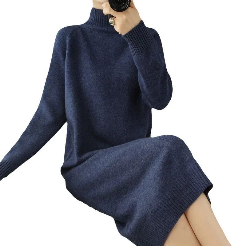 Custom Hot Sale Korean Fashion Lady Winter Thick Warm Loose Casual Dresses Women Knit Pullover Maxi Long Sweater Dress