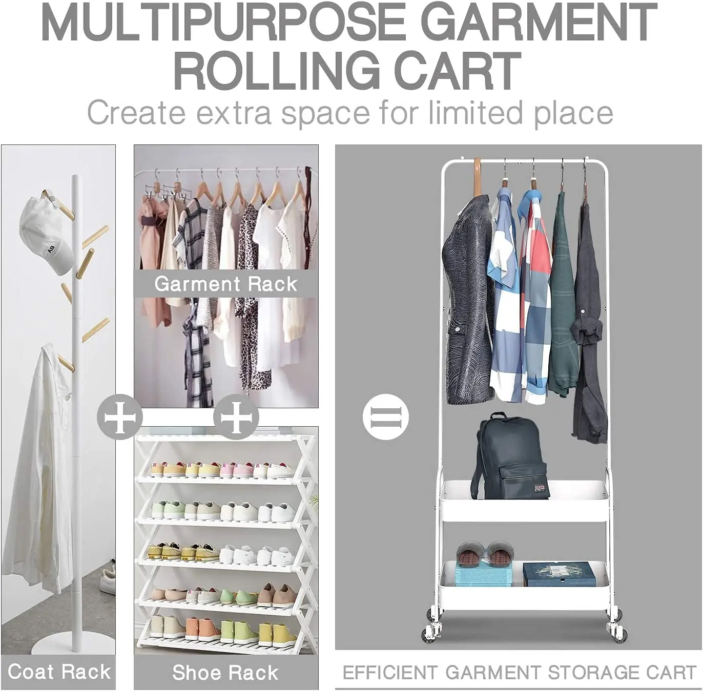 Metal Coat Stand Clothes Rail with Wheels Bedroom Clothes Rack Freestanding Shelf Trolley with 2 Tier Storage Shelf