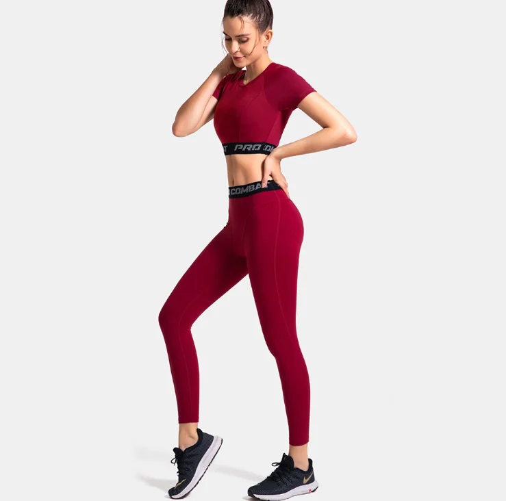 Купить женский спортивный костюм для фитнеса, одежда для йоги, укороченный топ и леггинсы, комплект из двух предметов для йоги