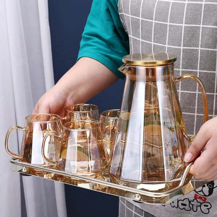 Large Capacity High Borosilicate Glass Cold Water Jug Transparent Juice Pitcher Set Household